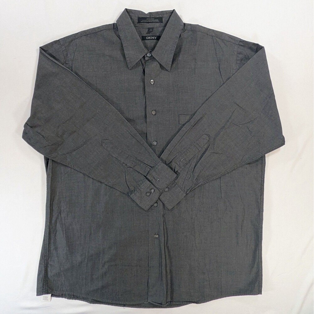 DKNY Mens Button Up Long Sleeve Cotton Shirt Size 17 (32/33)  2 Ply Dark Gray